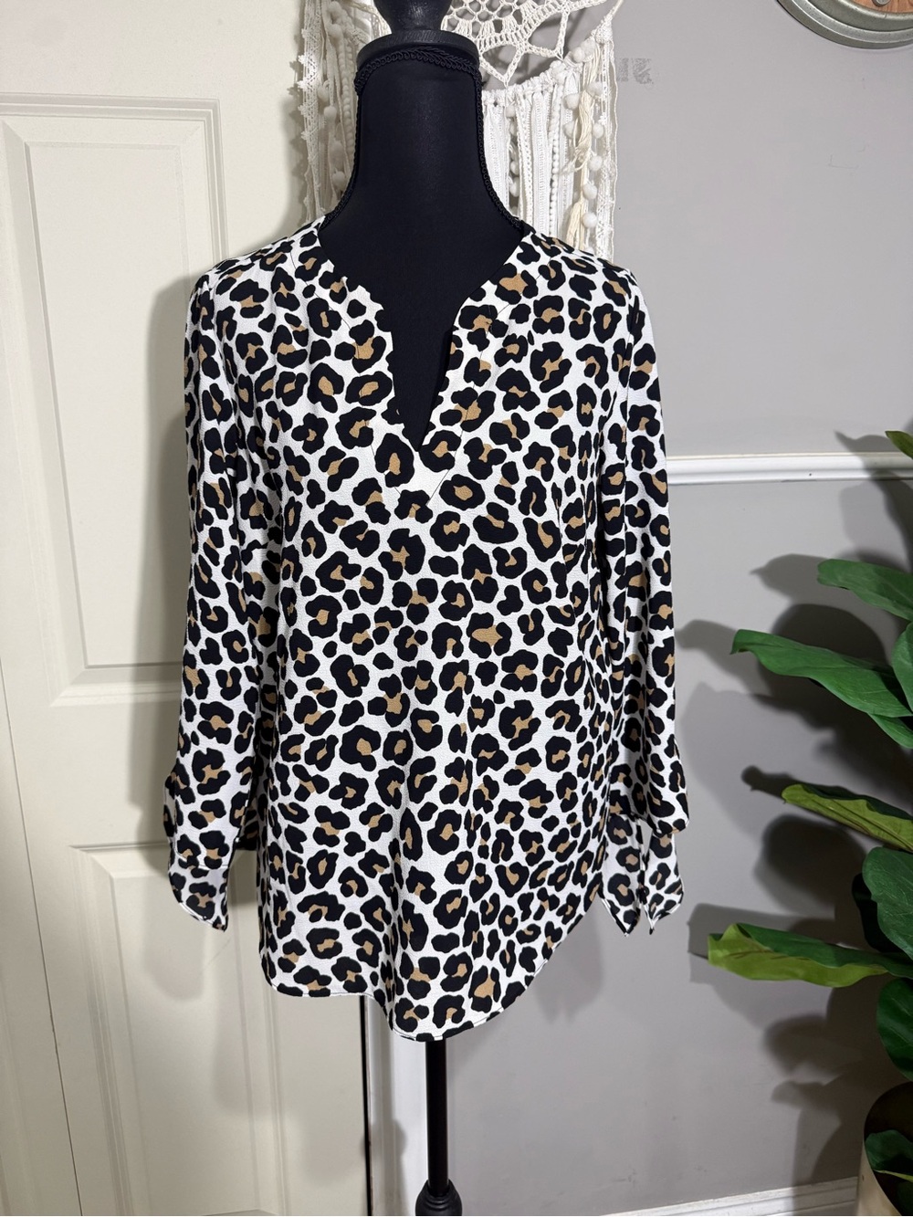Michael Kors Leopard Print Split V-Neck Tunic - White/Black/Tan
